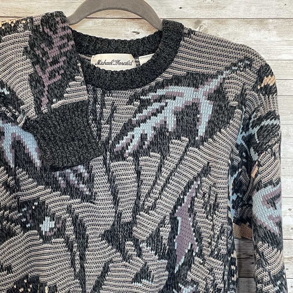 Vintage 80s-90s Michael Gerald Mens M Sweater Geometric Cosby Grandpa Knit READ